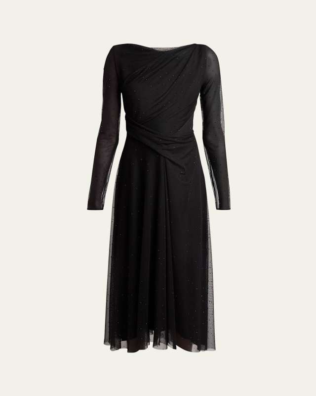 Crystal Tulle Sheer-Sleeve Midi Dress